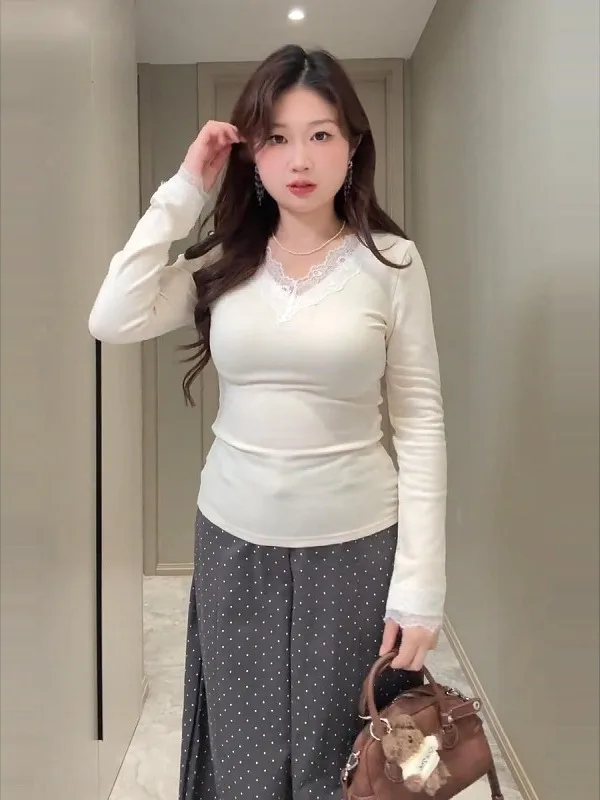 

Топ женский с кружевной отделкой и V-образным вырезом, на подкладке, для осени и зимы, утягивающий, базовый, для повседневной носки