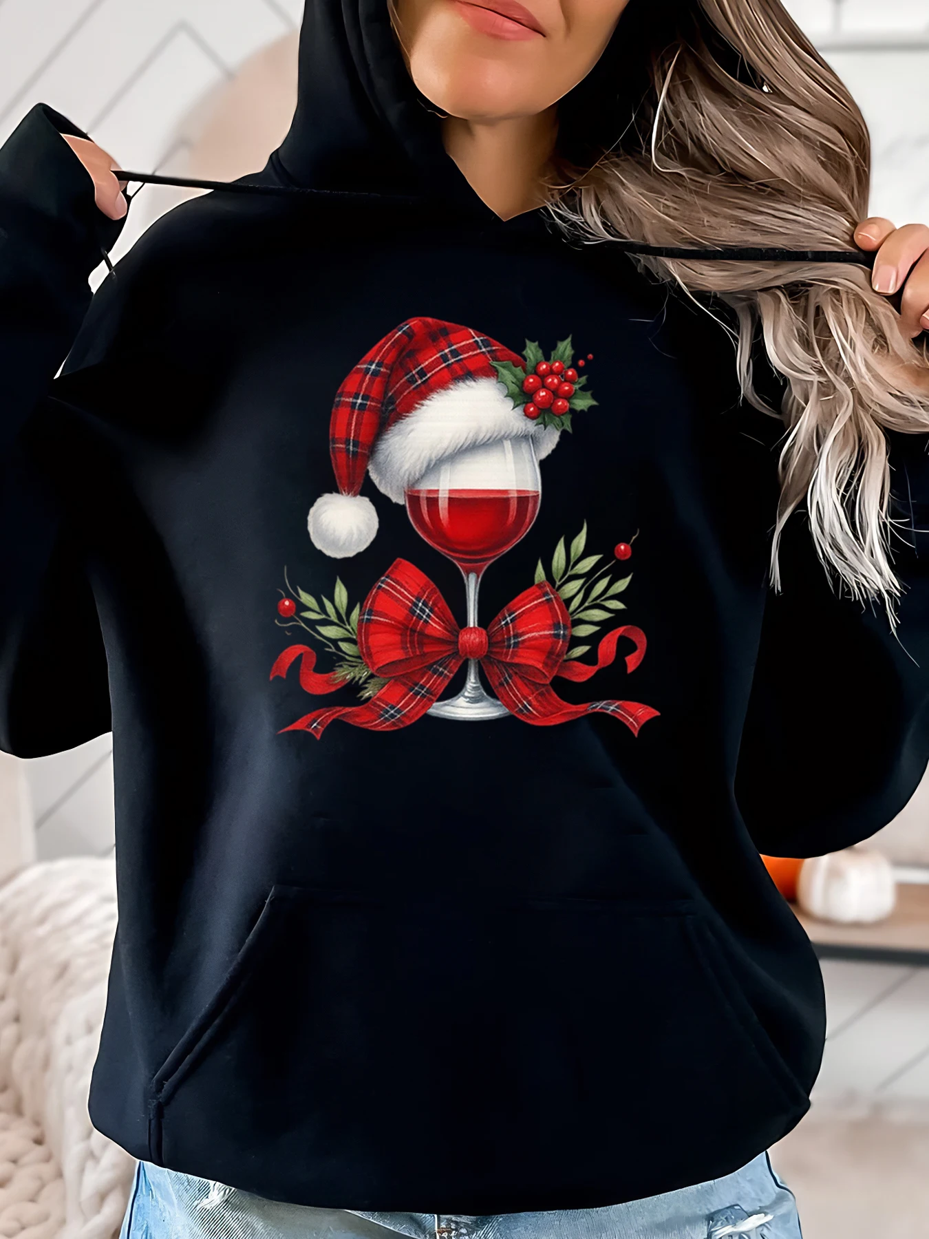 

Бокал для вина, шляпа Санты, рождественская толстовка с капюшоном, женская повседневная праздничная вечеринка, черная, больших размеров