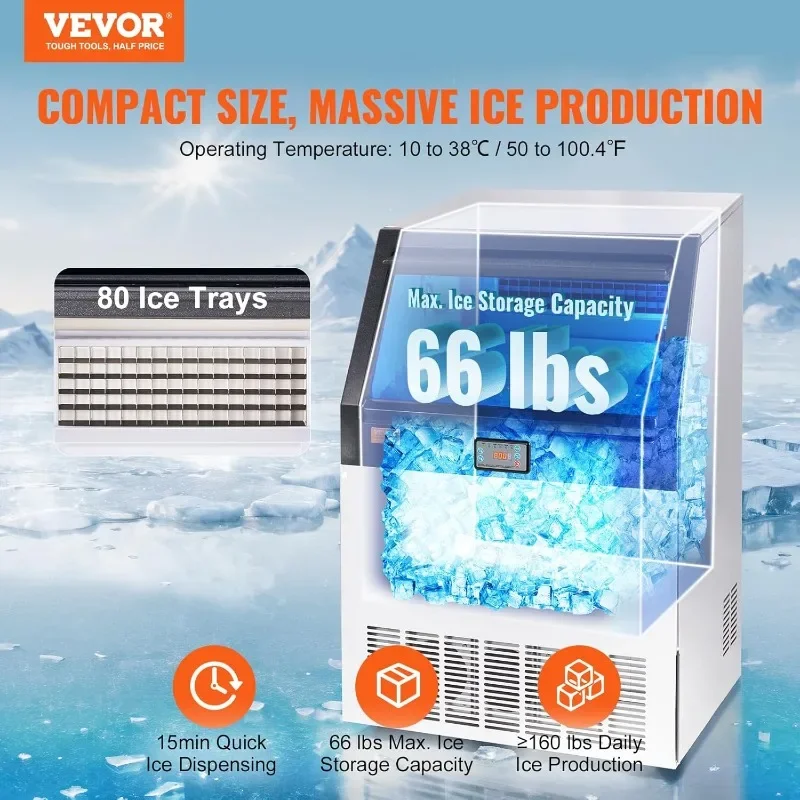 Máquina de hielo comercial VEVOR, 160 libras/24 horas, máquina para hacer hielo, 80 cubitos de hielo en 12-15 minutos