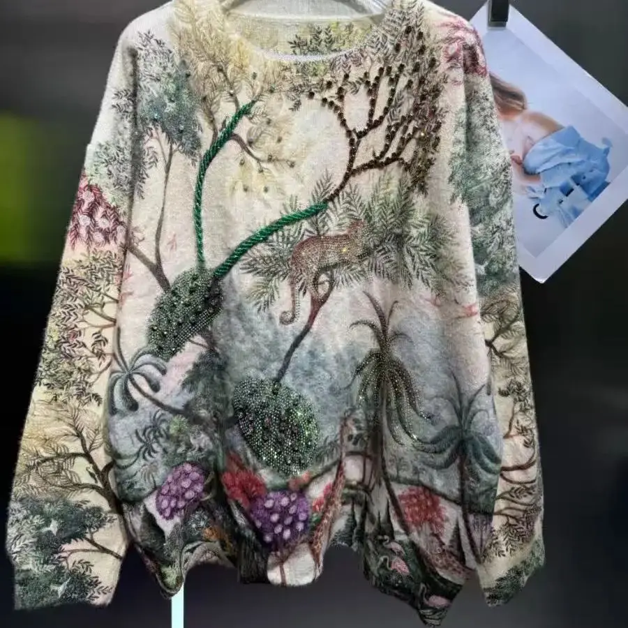 

Luxury Vintage Crystal Stones Stitch Sweater for Women Autumn/Winter Sweaters New Knit Outwears Knitwear Pullover Femme Clothes