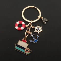 Creative Ocean Keychain A-Z Letter Keychain Enamel Anchor Ship Steering Wheel Ship Model Pendant Bag Car Pendant Souvenir