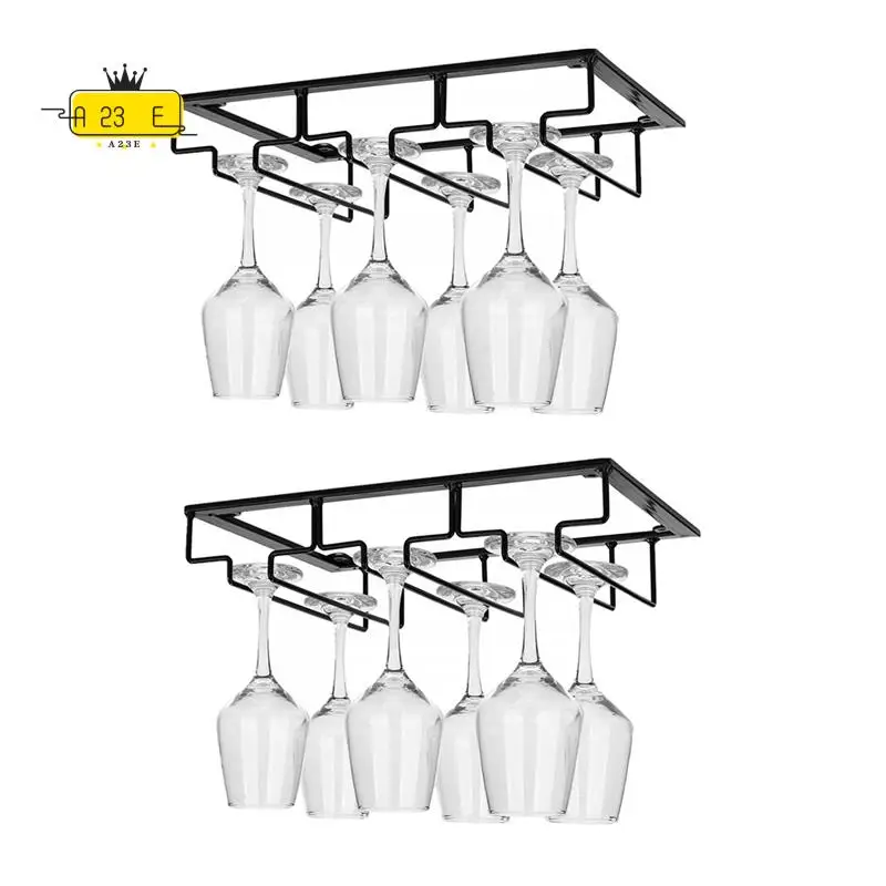 

A23E-2 PCS Wine Glass Rack Wine Glass Hanger Rack Under Cabinet Stemware Wine Glass Holder Storage Hanger Black