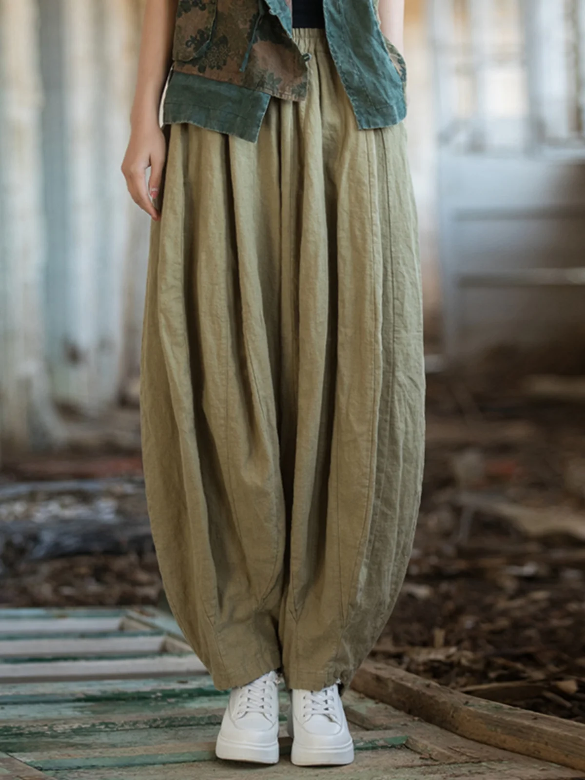 Retro Style Women's Cotton Linen Lantern Pants High Waist Long Trousers Asymmetric Design Pumpkin Patterned Vintage Look