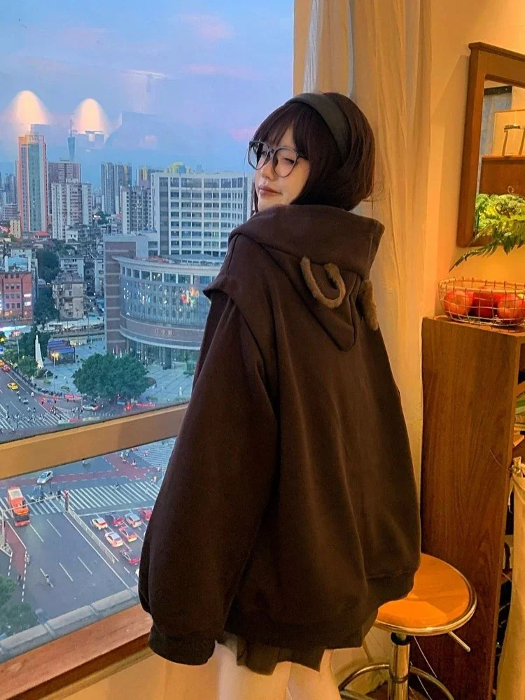الكرتون الطباعة Kawaii الدب آذان هوديس النساء Y2k الجمالية فضفاض جيب معاطف الخريف Preppy نمط الجرونج سستة بلوزات