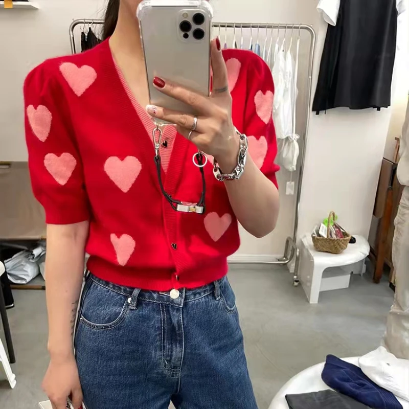 Red Fake Two Love Heart V-neck Short Sleeve Cardigan Women Knitted Thin Sweater Spring Autumn Female Cardigan Ladies Jumper V984