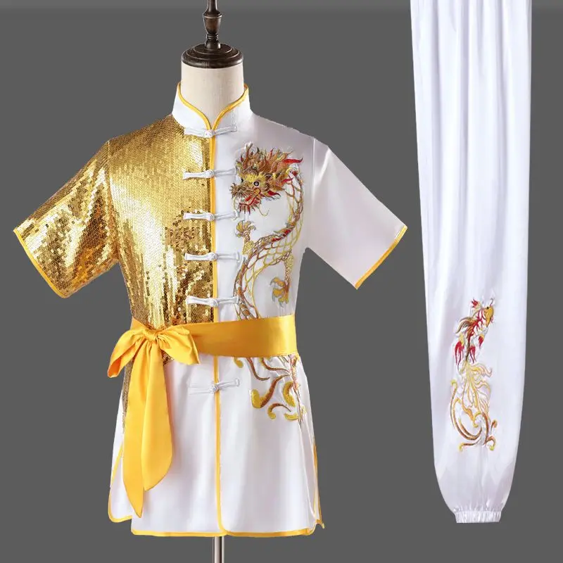 CLYFAN جديد الصينية الرجال والنساء المطرزة التنين الكونغ فو دعوى تاي تشي فنون الدفاع عن النفس دعوى الأطفال الكبار الأداء