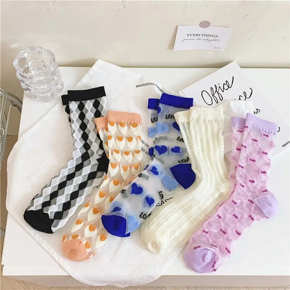 

Summer Glass Silk Socks Japanese Love Vertical Stripes Cass Women's Tube Socks Transparent Sweet Socks