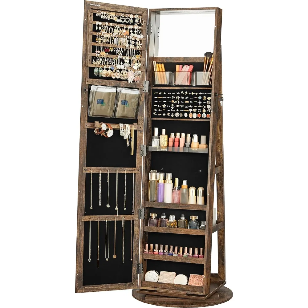 

Jewelry Cabinet 360° Swivel with Full-Length Mirror, Rear Storage Shelves & Interior Mirror, Mirror Organizer