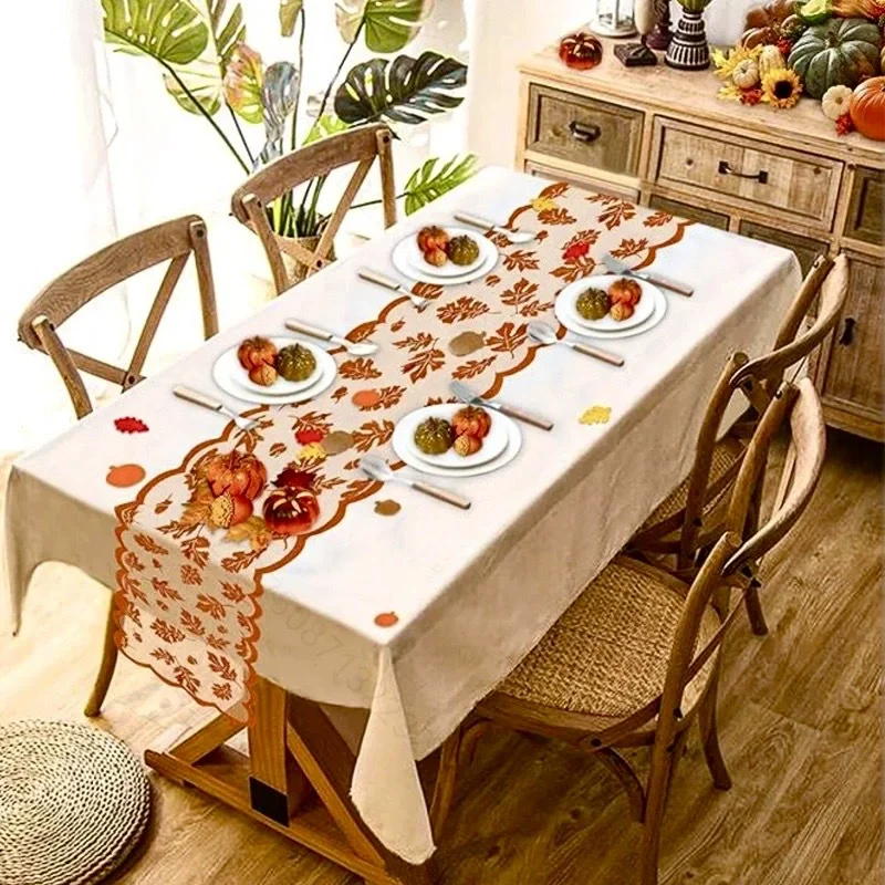 Fall Maple Leaf Lace Table Runner, Scalloped Embroidered Runner, Thanksgiving Autumn Table Decor