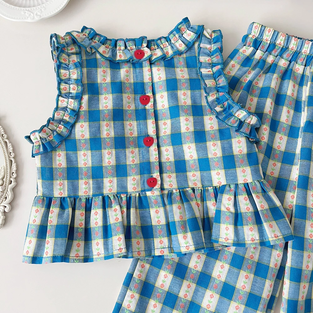 Summer Girls' Suits Fashion Floral Plaid Round Neck Tank Top+Wide Leg Pants Children's Clothing Two-piece Set image 3