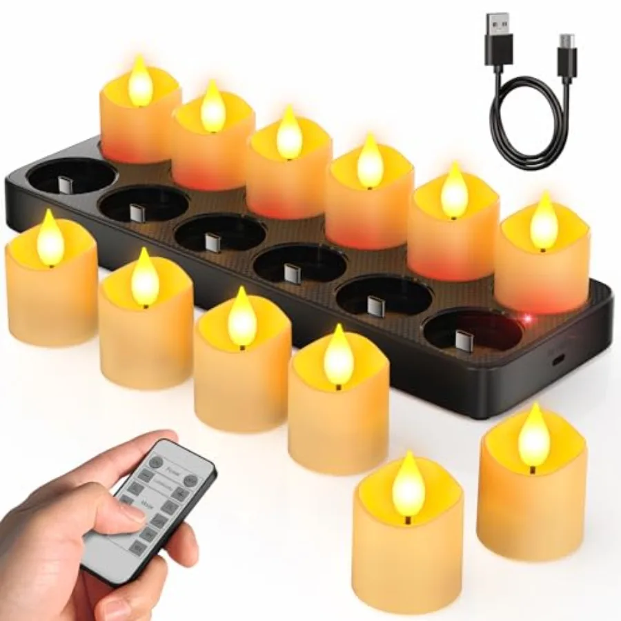 

Flameless Candles with Remote Timer and Charging Base 12pcs USB Rechargeable Battery Flickering LED Small Votives Lights for Ta