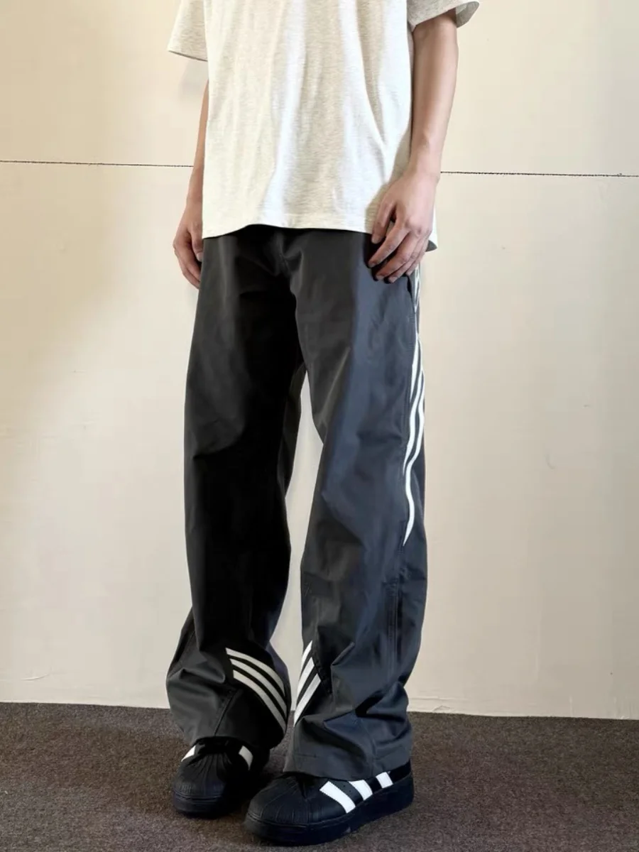 

American Sport Stripe Casual Pants Men Women Straight Loose Retro Elastic Waist Function Workwear Trendy Long Pants