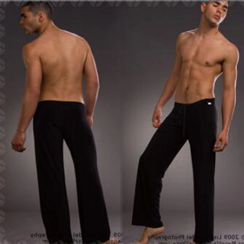 Homens calças de pijama de cintura baixa moda sexy solto escorregadio casa calças de seda de gelo de manga comprida loungewear calças de salão