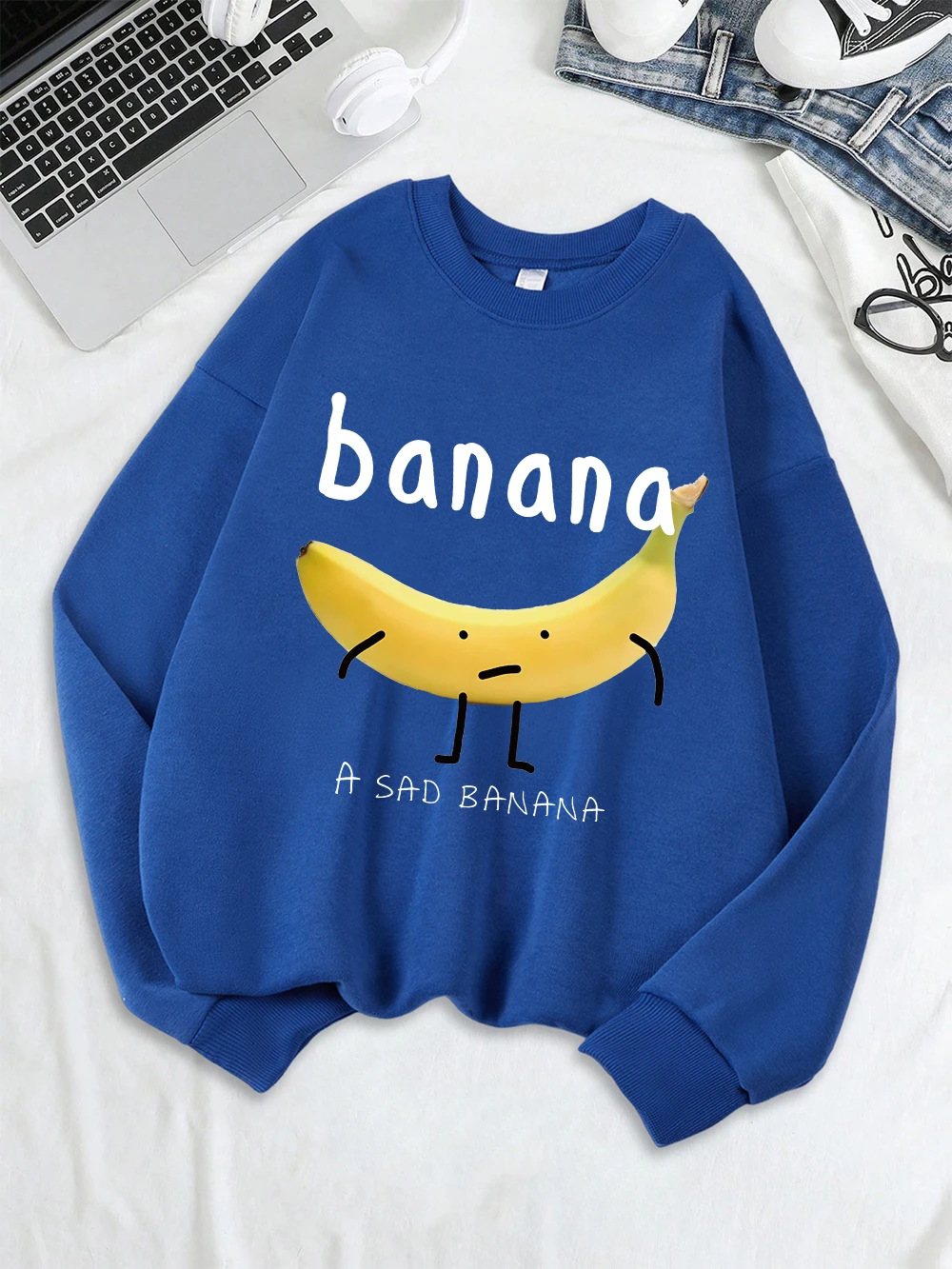 A Sad Banana Printing Sweatshirts Women Crewneck Basics Hoodies Fleece Warm Loose Pullover Winter Comfortable Womans Clothes