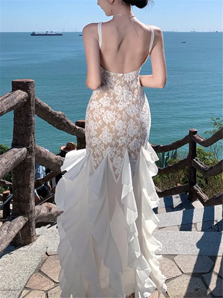 프랑스 우아한 러플 밑단 머메이드 롱 이브닝 파티 드레스 여름 레이스 화려한 슬래시 넥 백리스 스플릿 타이트 칵테일 드레스