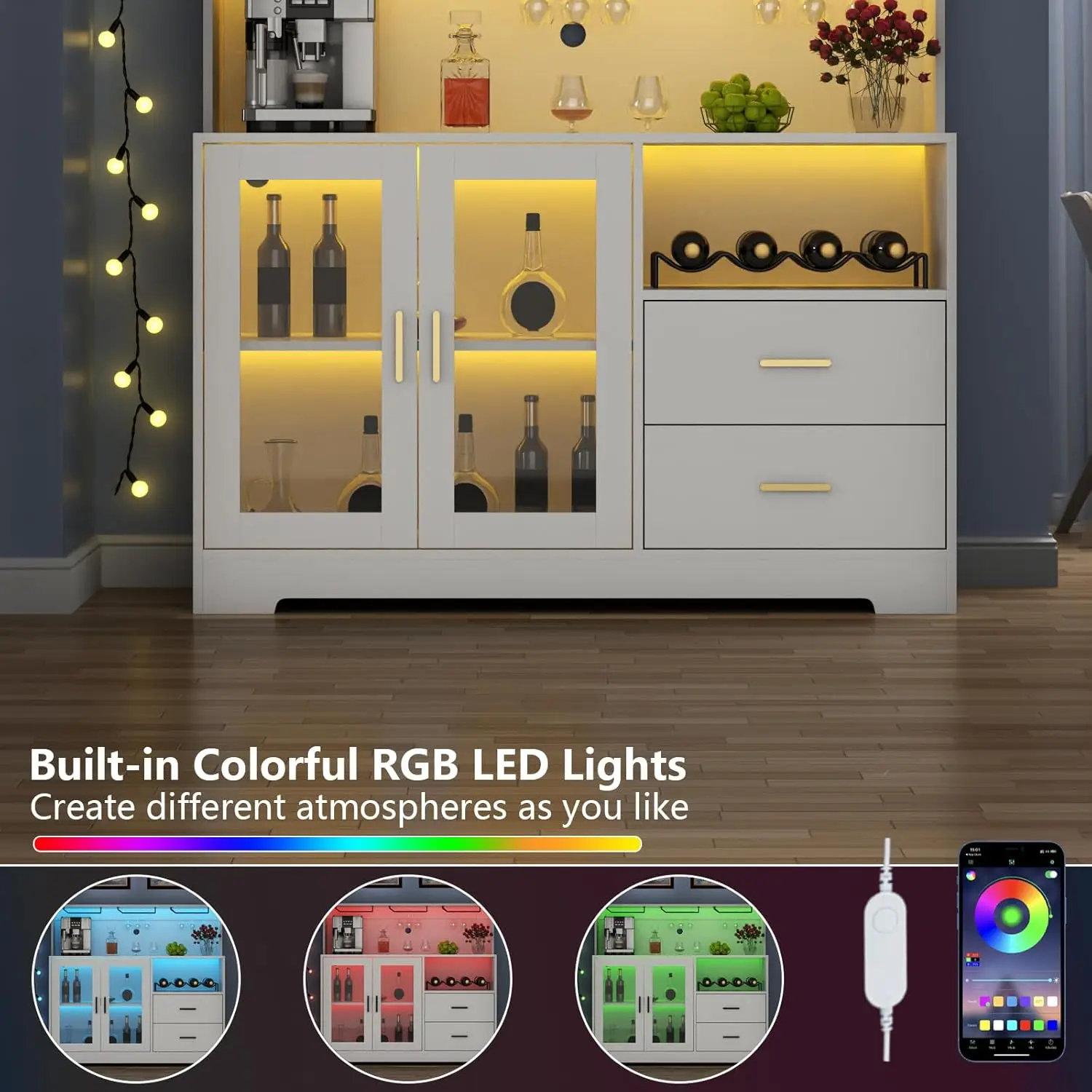 Weinbarschrank mit LED-Licht, Kaffeeschrank für Zuhause mit Wein- und Glasregal, Küchen-Sideboard mit Aufbewahrungsschrank und Schubladen