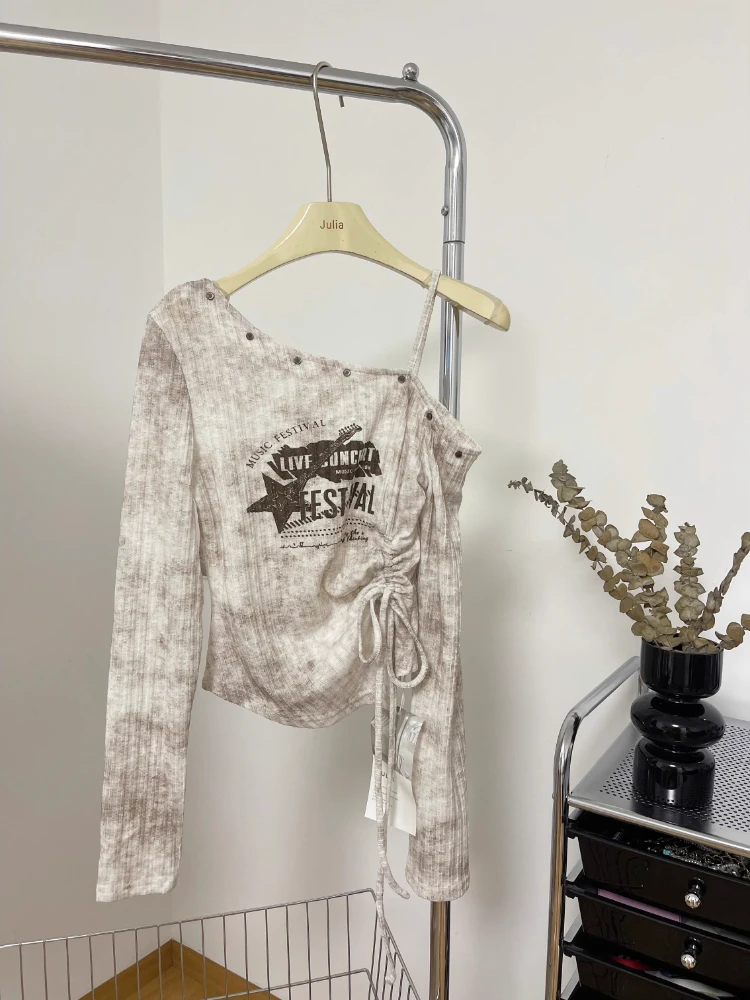 Sexy Long Sve oulder Bared Design Women's T-irt Spring 2025 Faionable Casual Wear Polyester Material Slim Fit