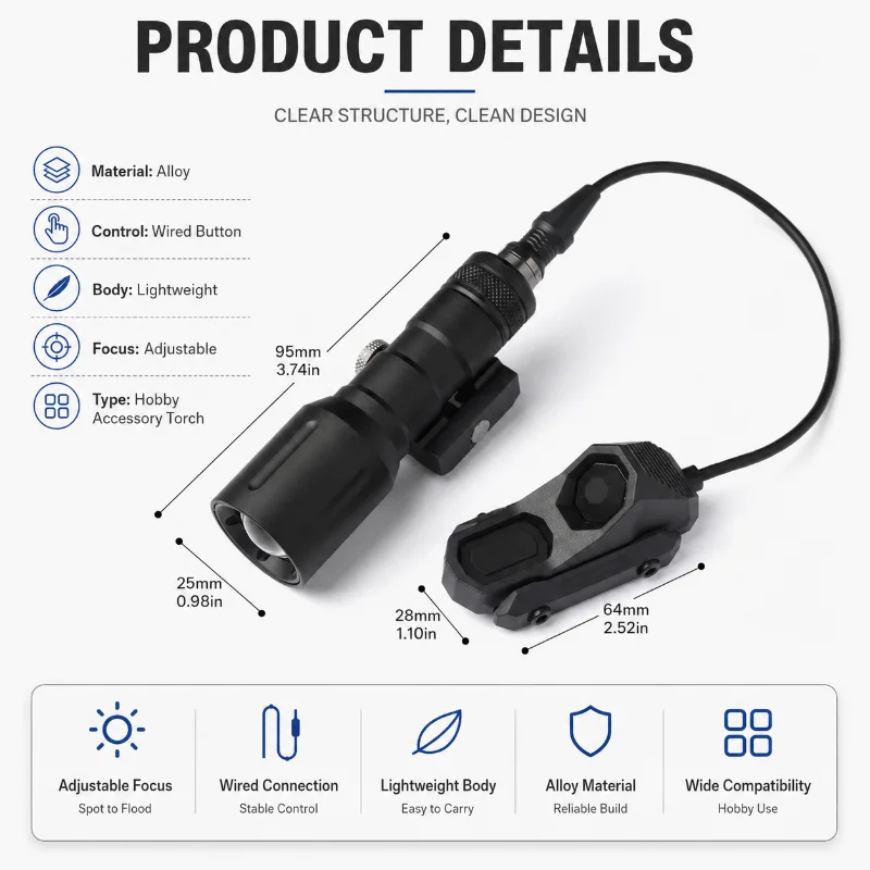 High Bright Alloy Flashlight AX Wired Remote Switch Hobby Model 20mm Rail Lighting Component