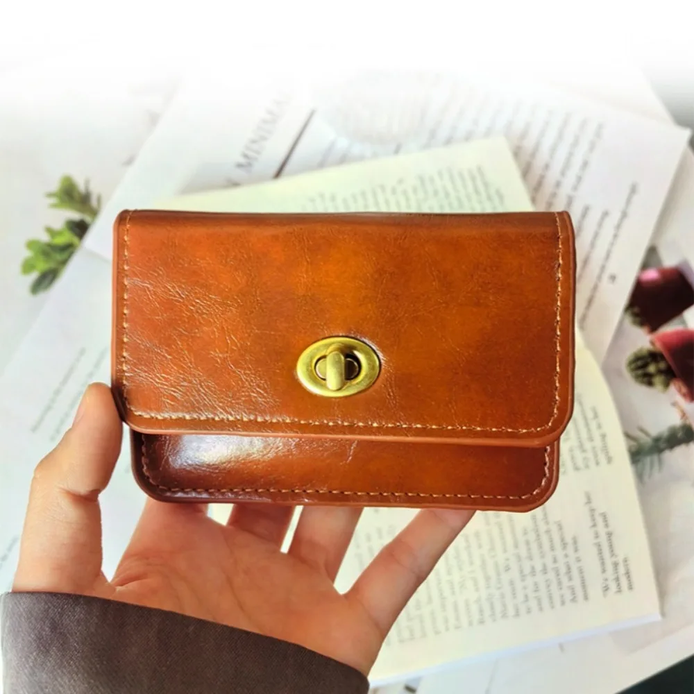 กระเป๋าใส่การ์ดสไตล์เกาหลีแบบใหม่ผู้หญิง, กระเป๋าใส่บัตรหลายชั้นล็อกย้อนยุคสีทึบเรียบง่ายกระเป๋าใส่บัตรผู้หญิง