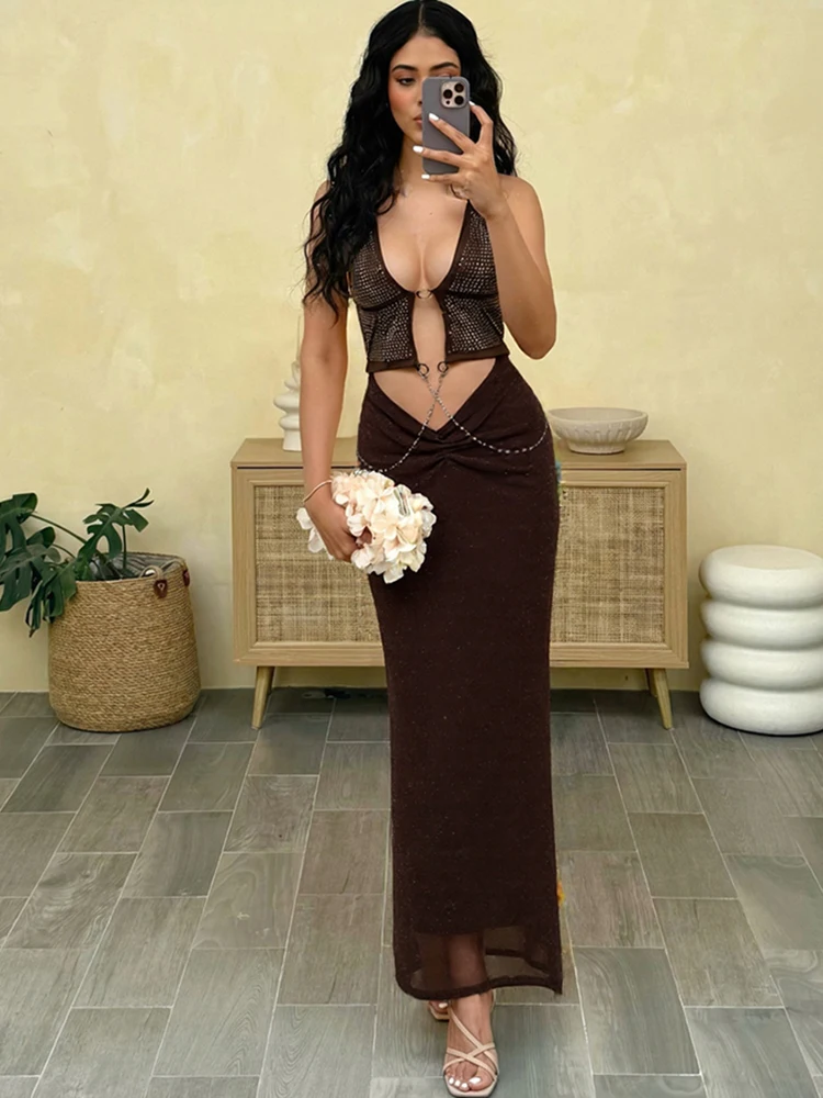 Kliou チェーンスプライス女性ドレスセクシーなホットコントラストカラースパンコールホルターレースアップカットアウトマキシボディコン Mujer ファッションフェスティバルローブ