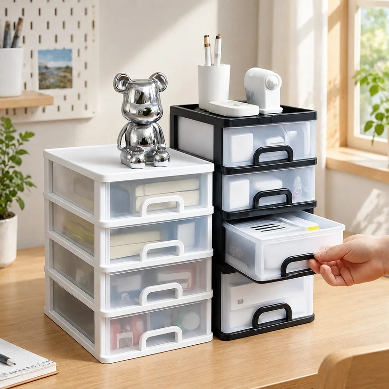 Multi-Compartment Plastic Storage Cabinet with 2-4 Drawers, Desktop Organizer for Office and Home Essentials
