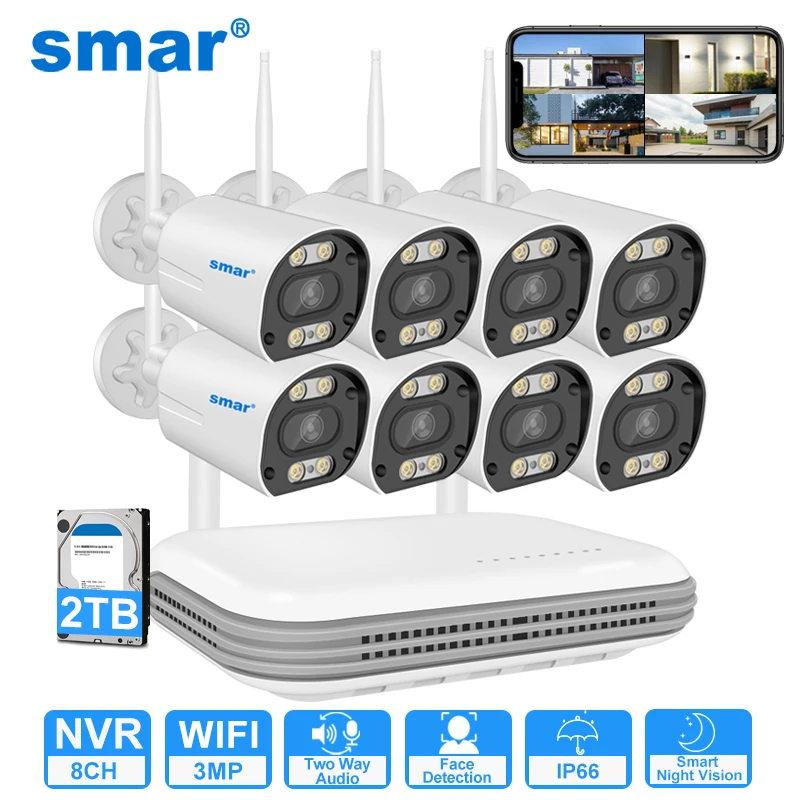 

SMAR Wireless CCTV System Wifi Camera Kit H.265 3MP HD Security Audio AI Face Detect IP 8CH NVR Video Surveillance Kit ICSee