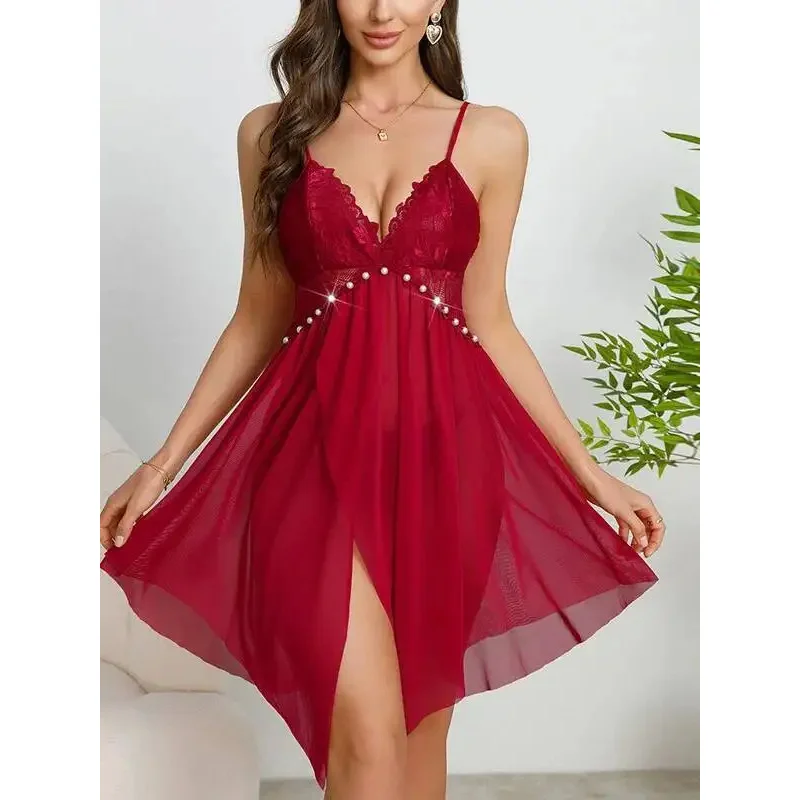 Sexy Nachthemd mit Spitzenträgern, mit Perlen verziert, durchsichtiges Netz, direkte einfarbige, rückenfreie, tiefe V-Hosenträger, ärmelloses Kleid