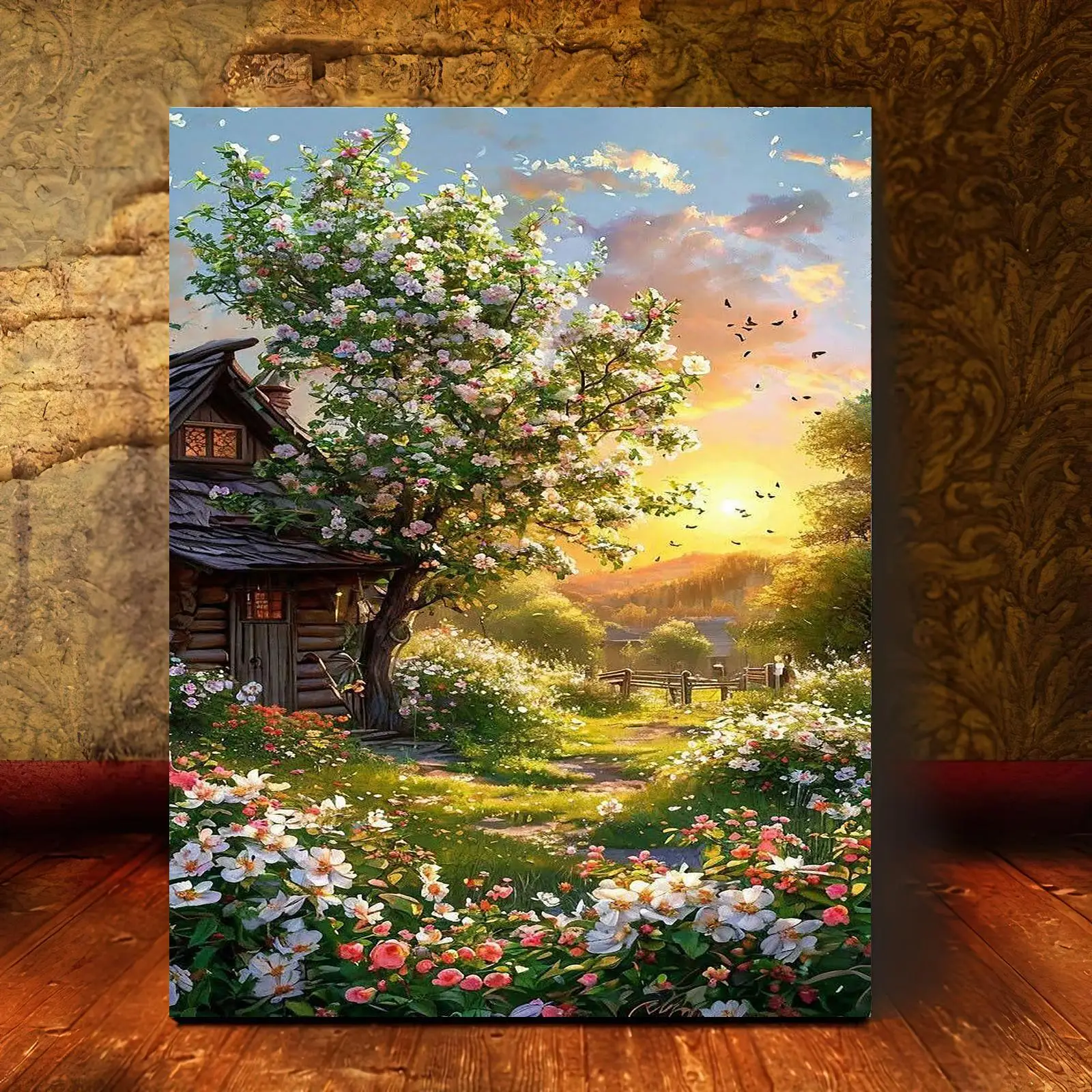 Professional Art Use: A Frameless Digital Oil Painting Kit Featuring a Pastoral Wooden Cabin and Blooming Flowers Encounterin