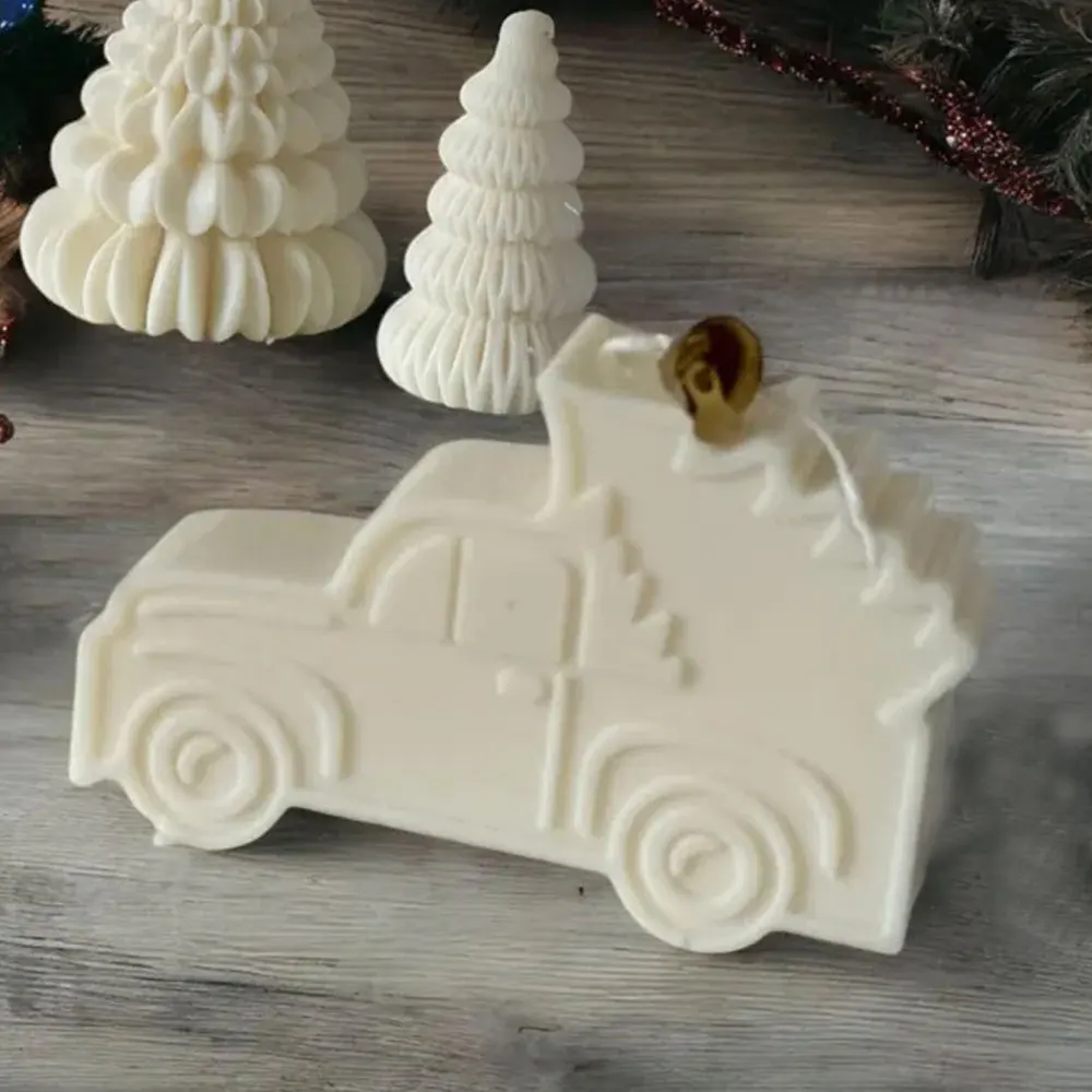21pcs/set Christmas Truck Candle Silicone Mould with 20pcs Golden Bell Relief Pine Car Shape DIY Party Resin Plaster Craft Decor