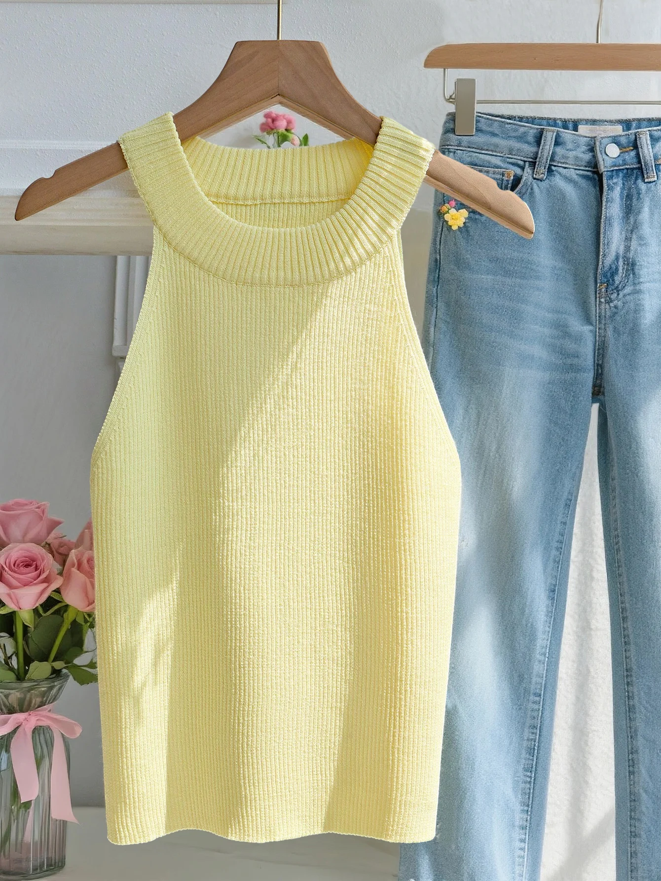 

Весенне-летний новый французский красивый высококачественный розовый свитер без рукавов с круглым вырезом для женщин