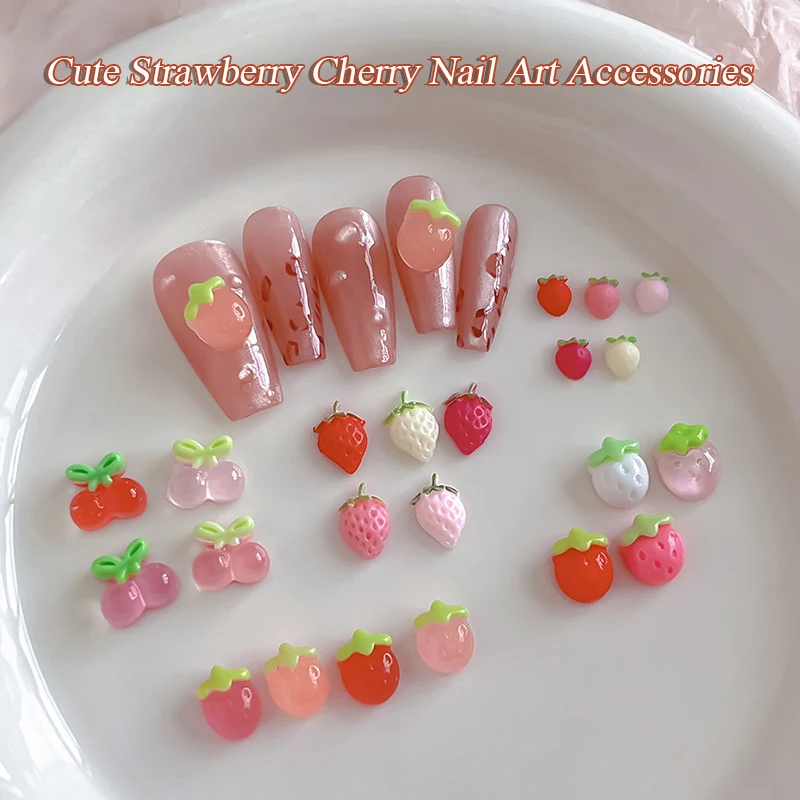 20/50 Uds. De bonitos abalorios para decoración de uñas de fresa roja y rosa, adornos creativos coloridos de resina de fresa para manualidades de uñas DIY