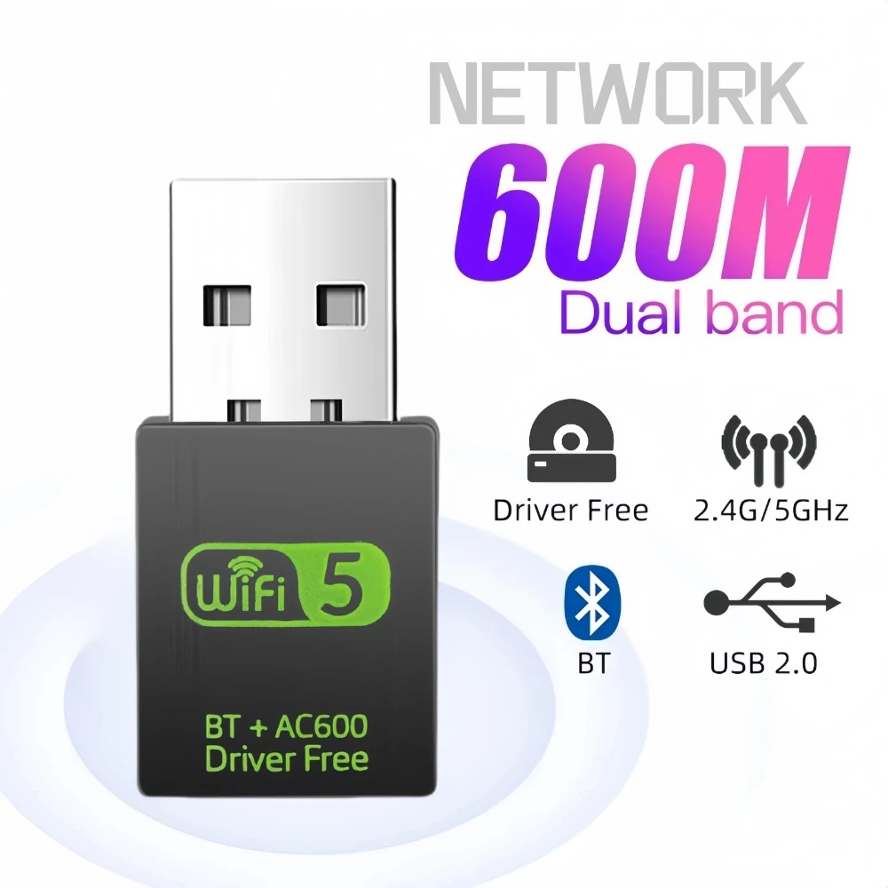 

600Mbps USB WiFi Bluetooth Adapter 2in1 Dongle Dual Band 2.4G&5GHz USB WiFi 5 Network Wireless Wlan Receiver DRIVER FREE