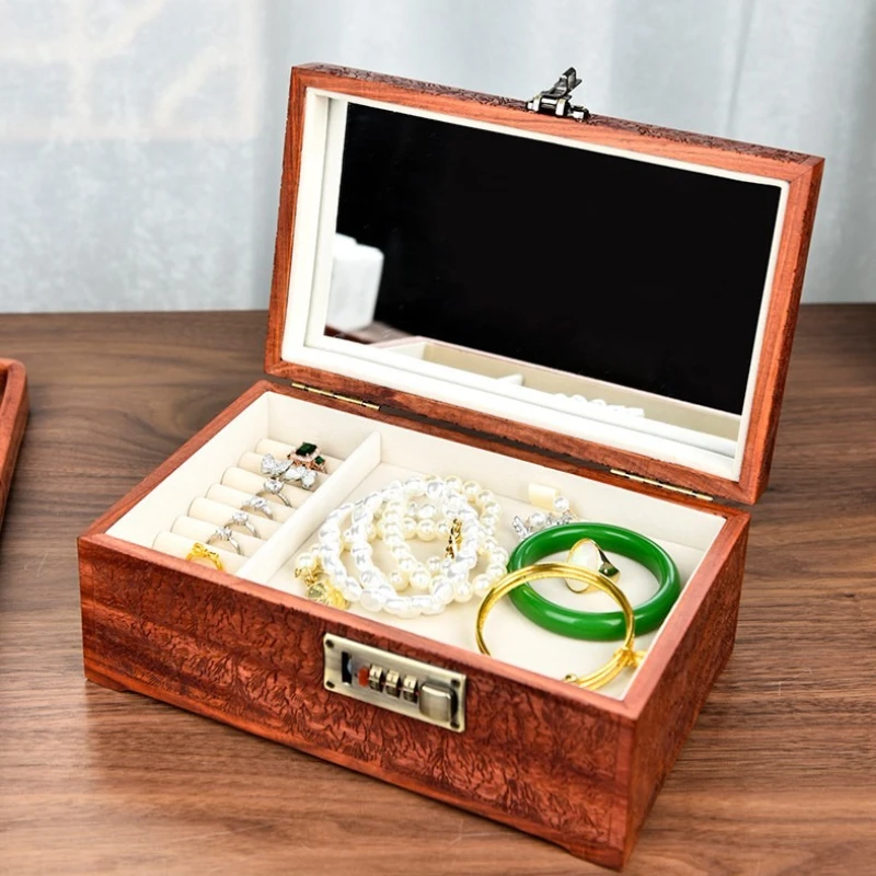 

Sandalwood Jewelry Storage Box Valuable Jewellery Protect Case Peony Trinket Collection Boxes Household Lockable Organizer Cases