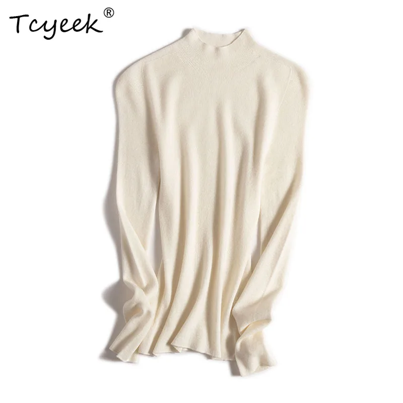 

Tcyeek, 100%Sheep Wool Elegant Sweater, Women Mock Neck Long Sleeve, Seamless Bottom Knit Tops, 2024 Summer Autumn T469131QC