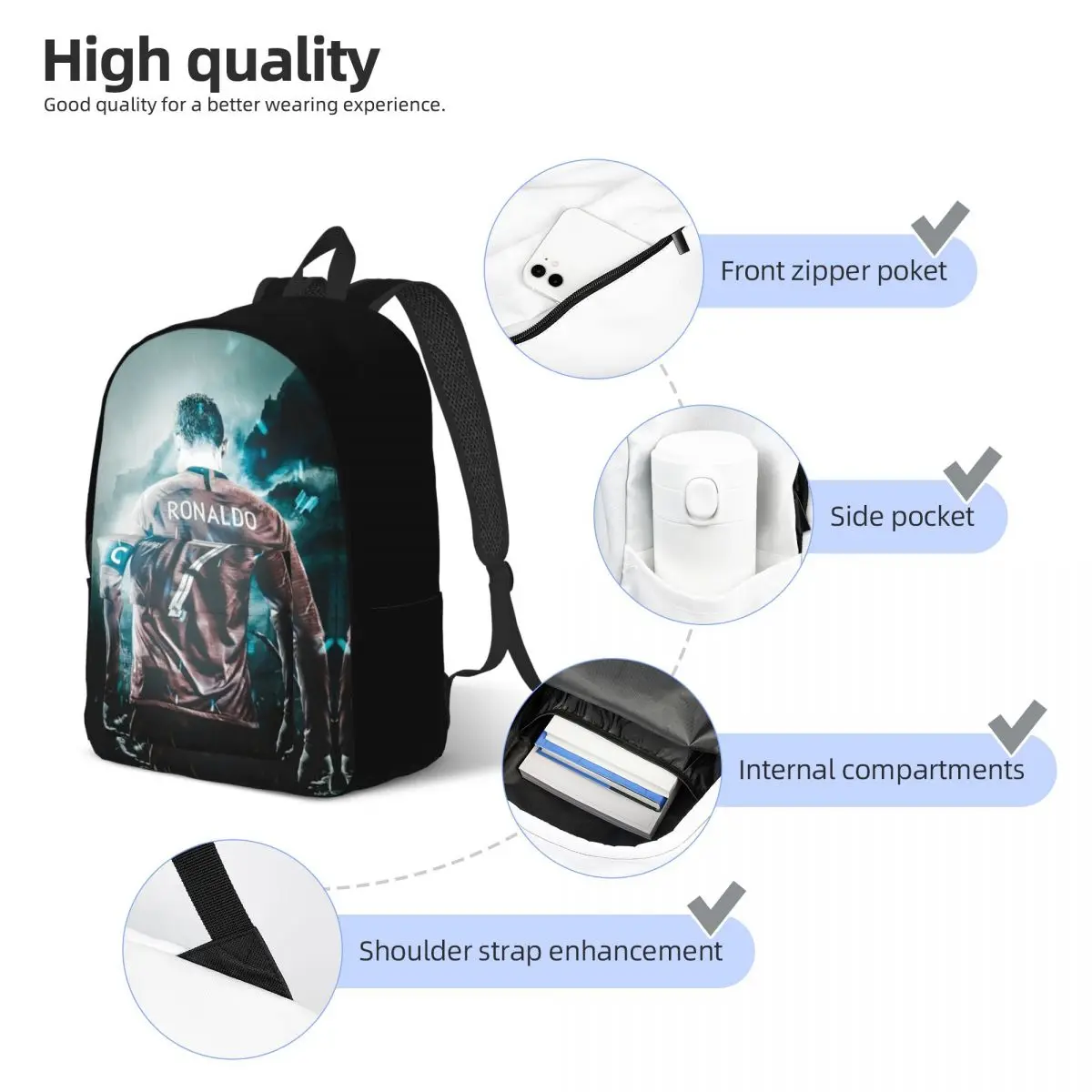 CR7 Football Legend Fashion Backpack Outdoor High School Work Soccer Daypack for Men Women Laptop Shoulder Bag