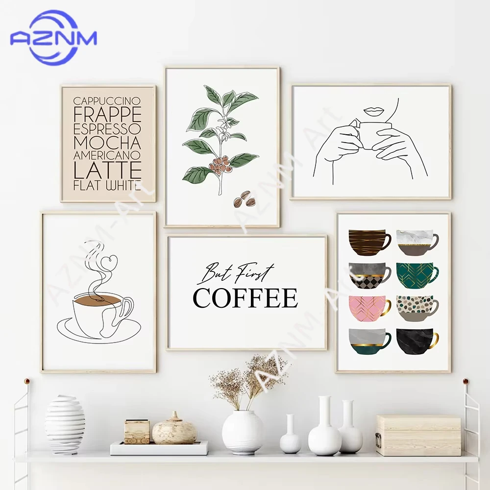 1/6 Stück But First Coffee Minimalistische Tassen Kaffee Küchen-Kunstdrucke Poster Nordische Leinwand-Wandgemälde Bilder Raumdekoration