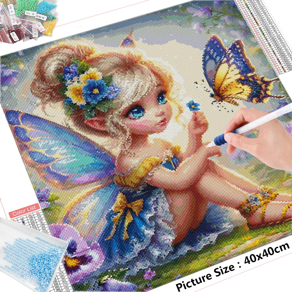 HUACAN New Diamond Painting Girl Elves Embroidery Butterfly Picture Rhinestones Flower Mosaic Portrait Decoration Wall
