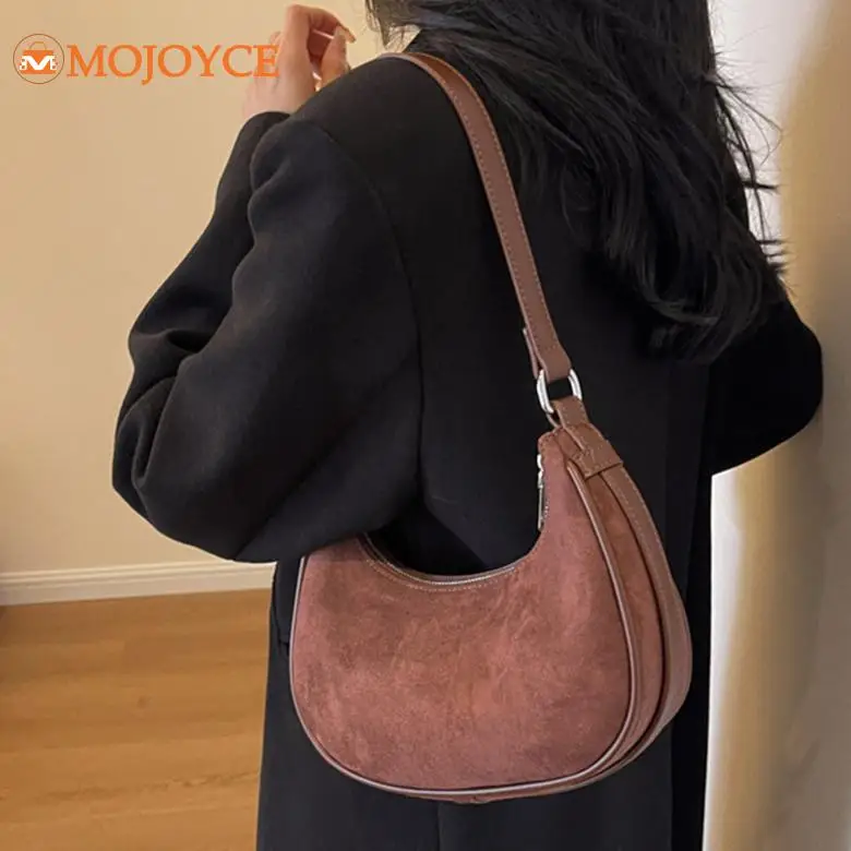 

2024 Women's Bag Vintage Suede Fashion Shoulder Bags High-end Solid Ladies Crescent Crossbody Bag Adjustable Strap Underarm Bags