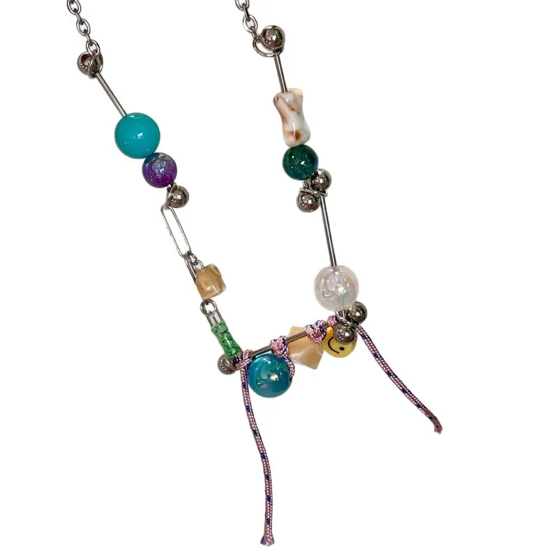 Colored crystal glass beaded smiley face necklace women's handmade knitted sweater chain view 5