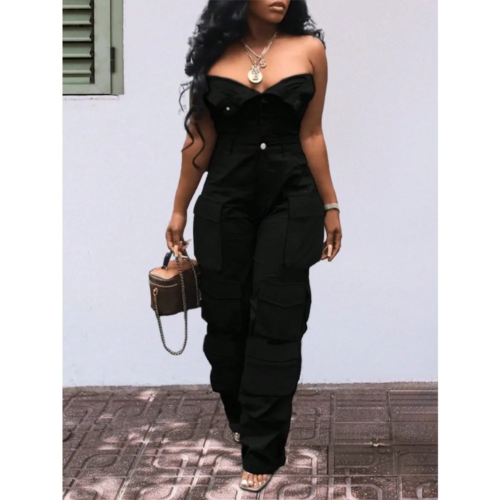 

Women's Cargo Jumpsuit Romper-Sexy One Piece Outfit With Multi Pockets Wide Leg Overalls, Casual Streetwear"