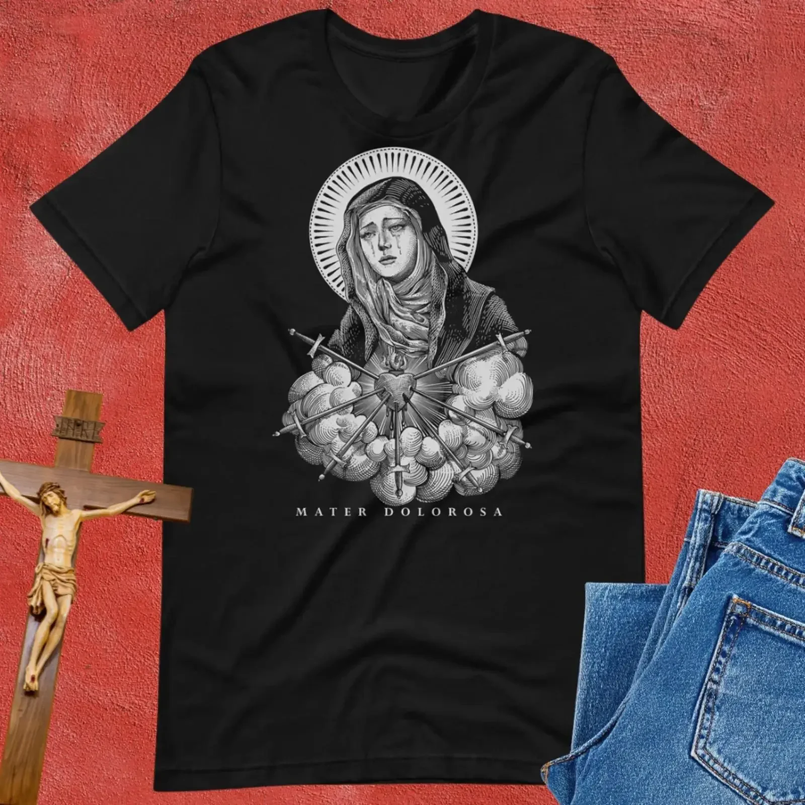 Футболка Mater Dolorosa с изображением Святой Девы Марии, винтажная, мягкая, унисекс, эластичная, дышащая, с эффектом потертости.