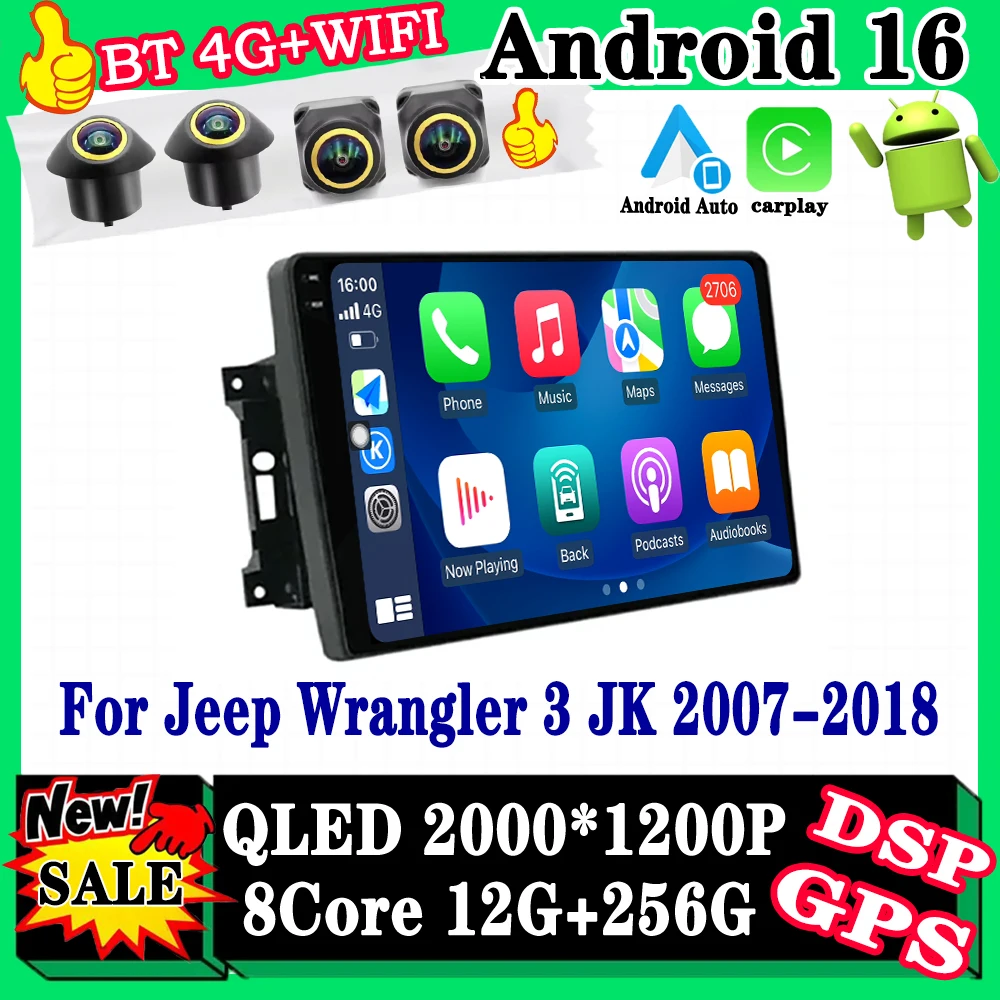 Android 16 For Jeep Wrangler 3 JK 2007-2018 Car Radio Lntelligent Multimedia Player Auto Wireless CarPlay WIFI 4G DSP GPS