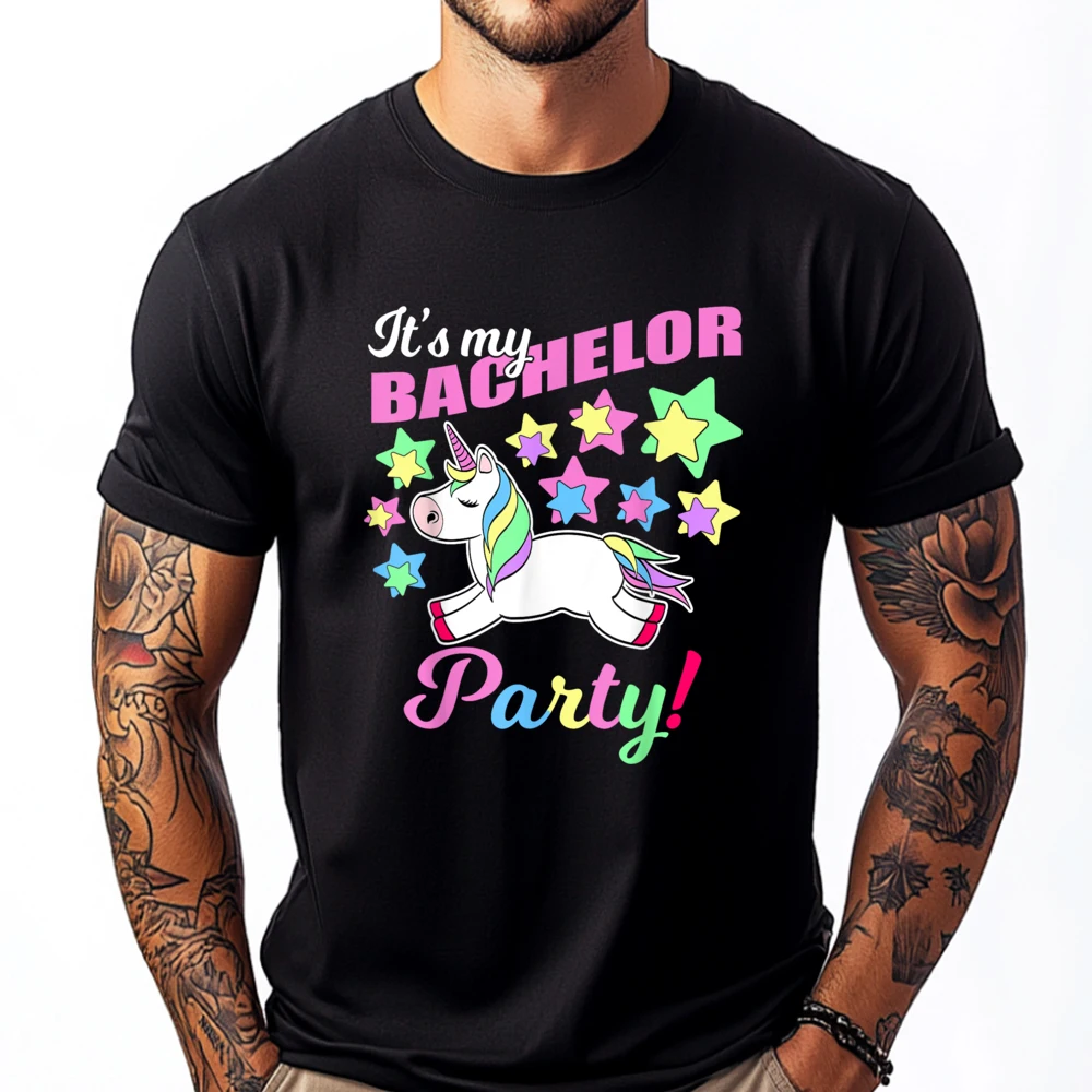

Its My Bachelor Party Unicorn Funny Marriage Party Graphic Shirts Men Short Sleeve Tee Loose