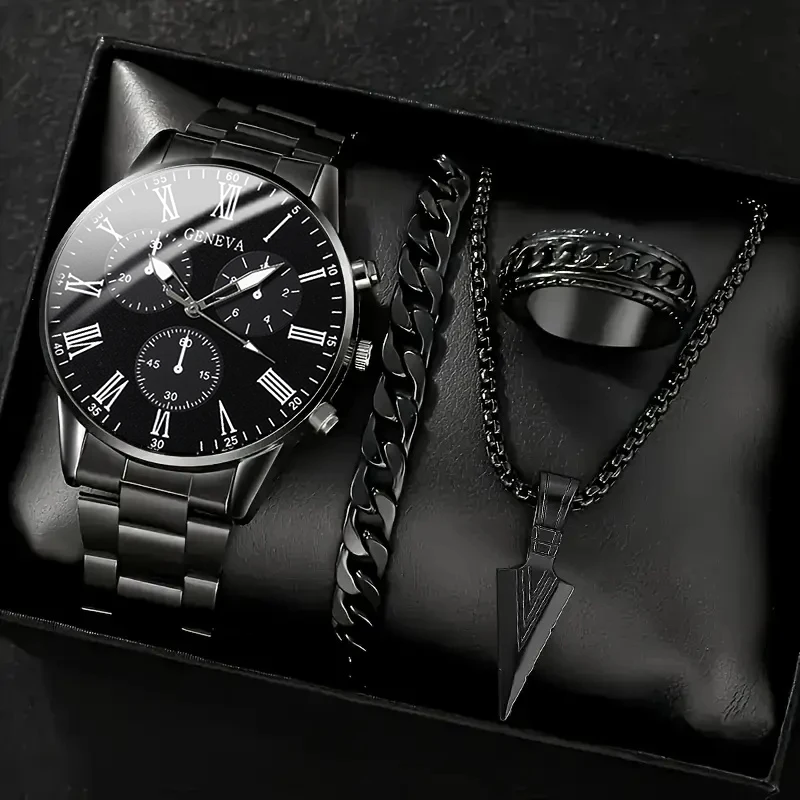 

4PCS Fashion Men Luxury Quartz Wrist Watch Spearhead Pendant Necklace Bracelet Ring Mens Business Analog Stainless Steel Watches