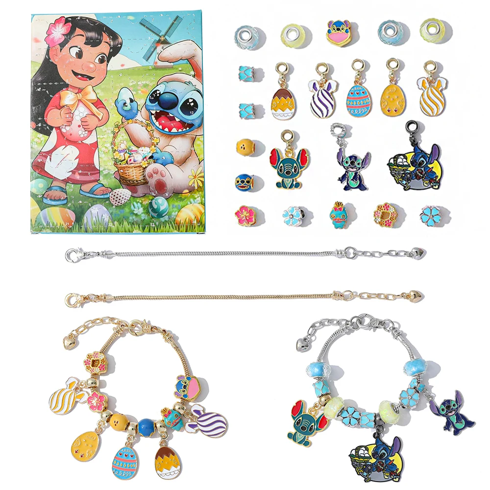 Kit de pulsera con calendario de Adviento de Lilo & Stitch de Disney, 24 dijes sorpresa DIY, colgantes de figuras bonitas y brazalete de punto dulce, regalo perfecto