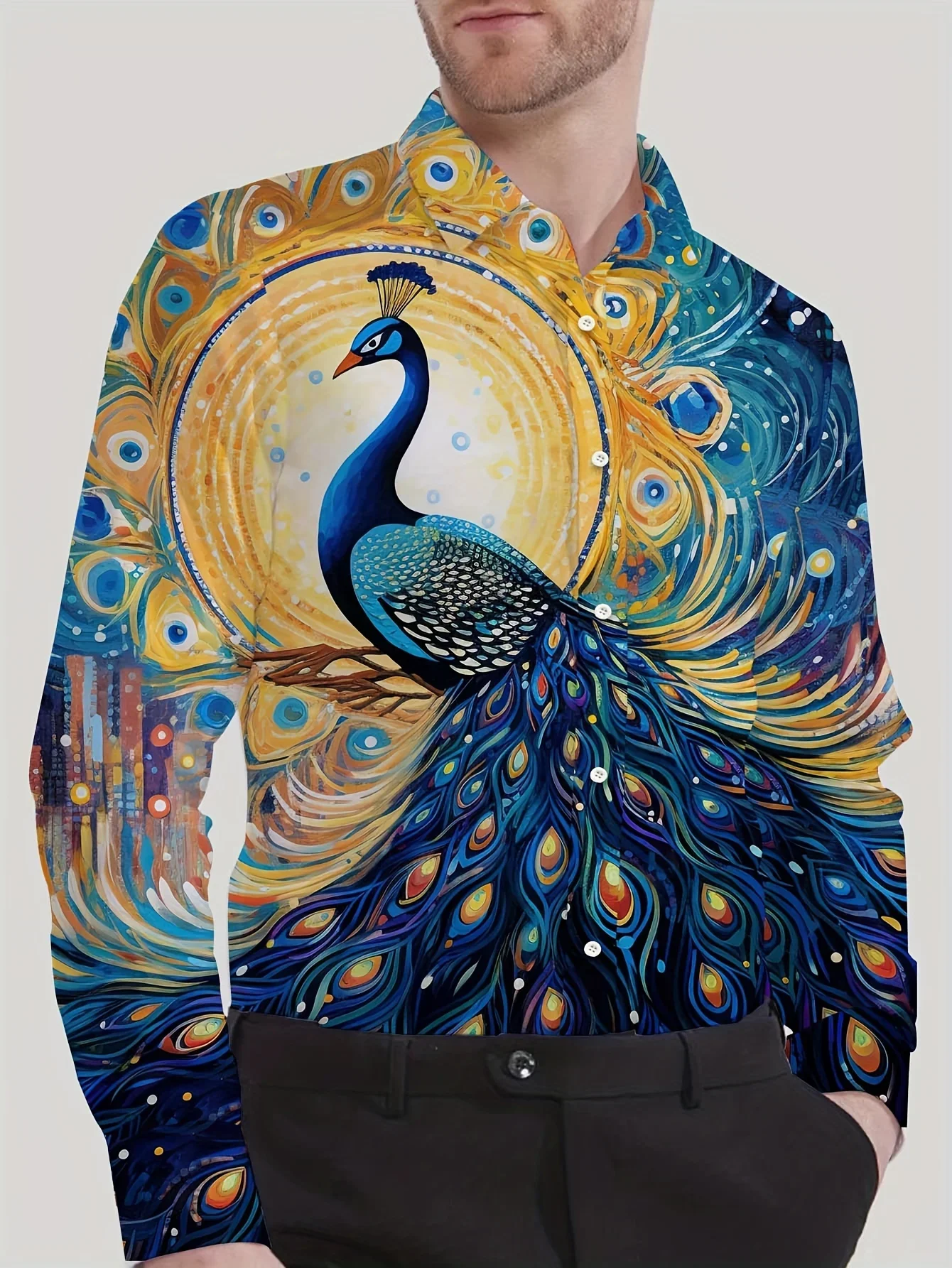 

Men's Tropical Peacock Theme Pattern 3D Printed Long Sleeve Shirt Spring and Autumn Outing Party High Quality Printed Lapel Shir