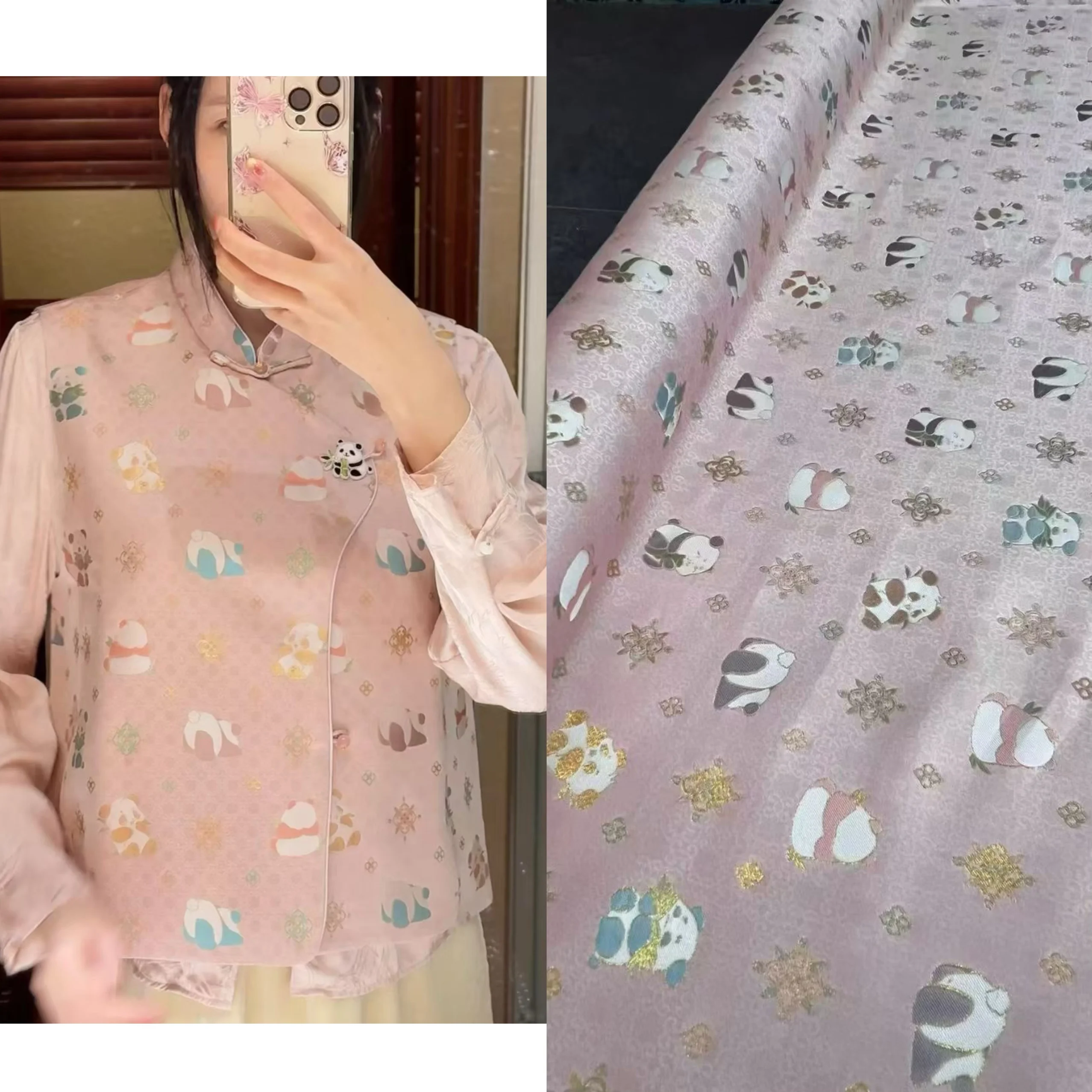 

High-Defn Silk Panda Vest Fabric New Autumn Winter SONG JIN Material for Jaet Coat Chinese Sle Handmade DIY