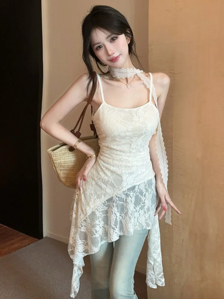 

Elegant Lace Halter Neck Top Women's Summer Outfit Design Slimming Flounce Hem Korean Style Breathable Skin-Friendly Citywalk
