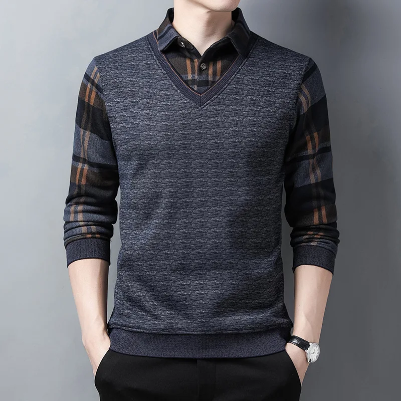 

Autumn Winter 2022 New Fashion Loose Sweater Men Thickened Two Piece Shirt Collar Male Pullover Thermal Knitwear Man