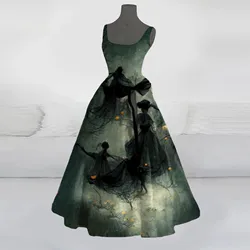 Sexy Skeleton Rags Printed Vintage Halloween Dress For Women Elegant Bow Tie Waist Ladies Evening Party Costumes Vestidos New